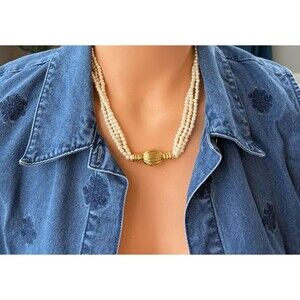 Joan Rivers Golden Clasp Simulated Pearl Torsade Necklace Triple Strand VTG